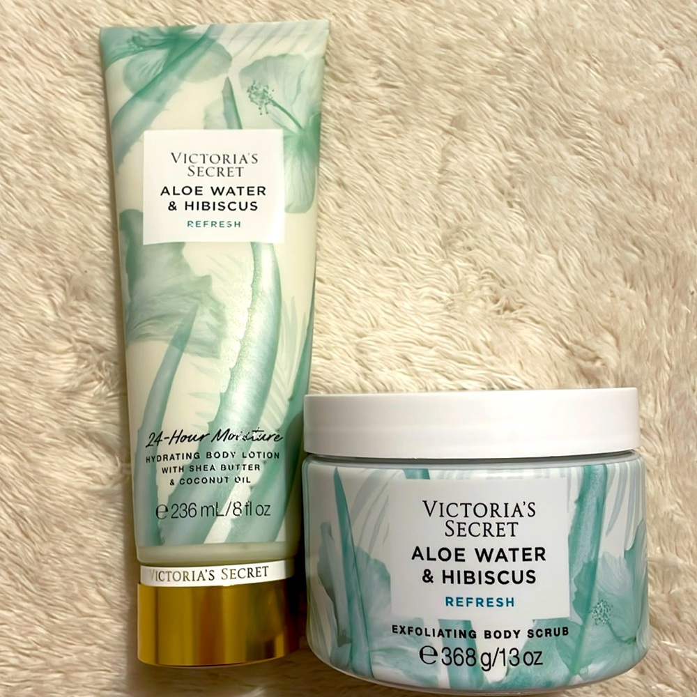 New! Victoria Secret Aloe Water and Hibiscus Body Lotion And Body Scrub Bundle